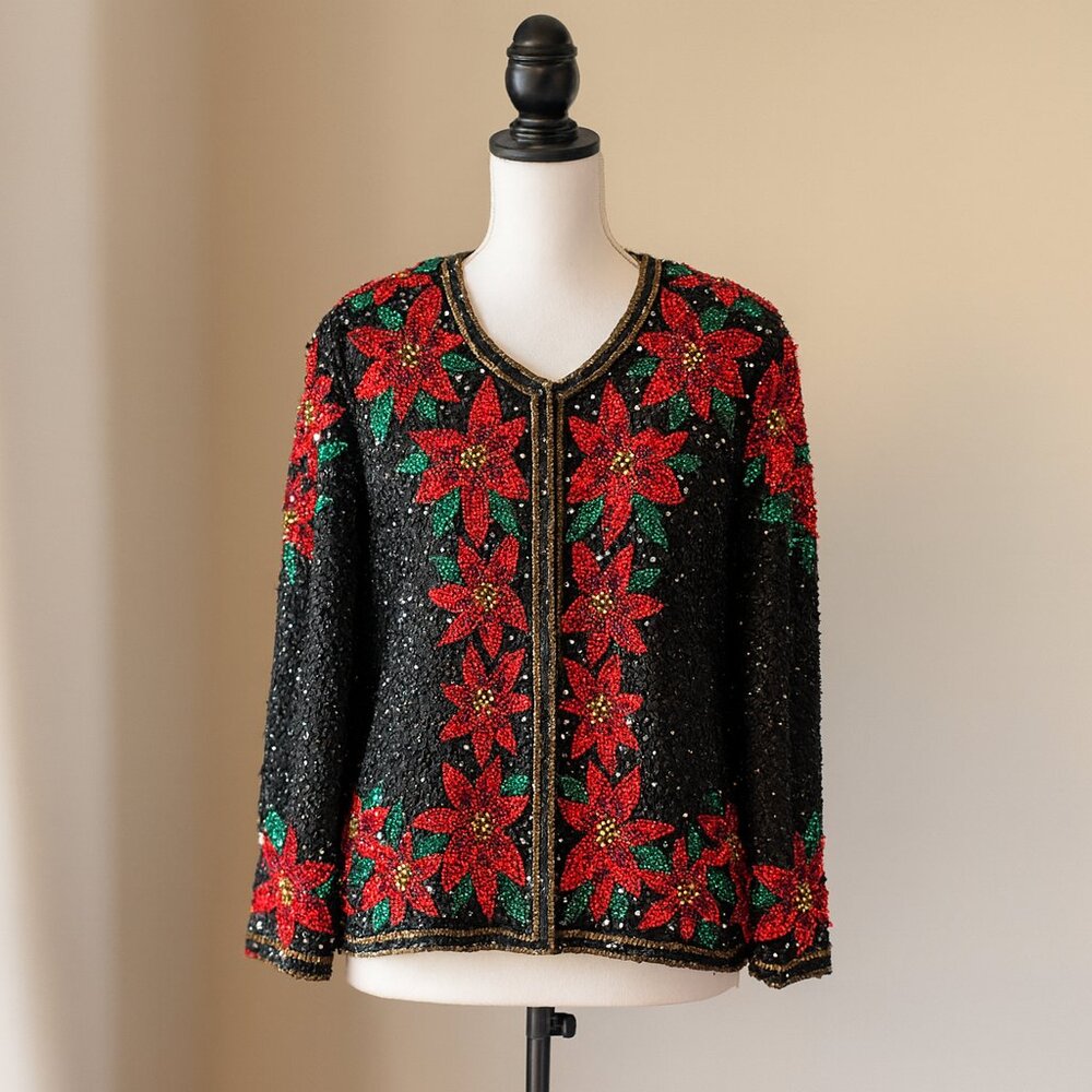 Vintage Shasta Fashions Black Sequin & Beaded Christmas Jacket – Silk, XL Fit